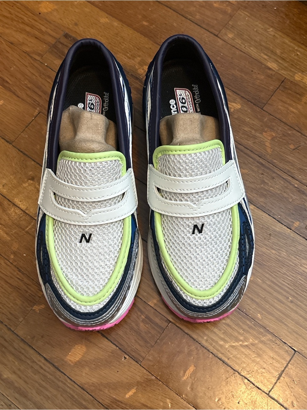 New Balance White Navy Sneakers with Lime Trim and Pink Outsole